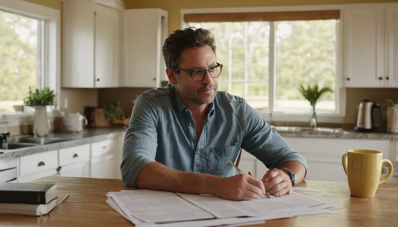 Homeowner reading septic maintenance notes at a kitchen table in the Pleasant Prairie area