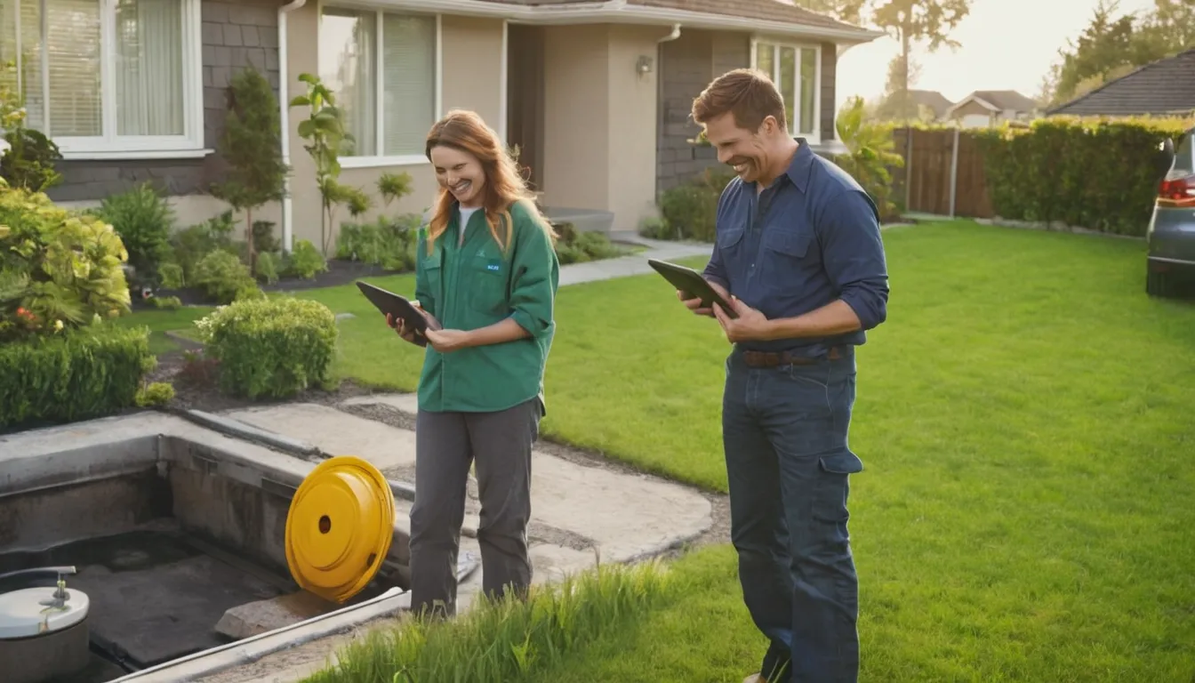 A friendly local septic provider explaining repair options to a homeowner in their yard near Pleasant Prairie
